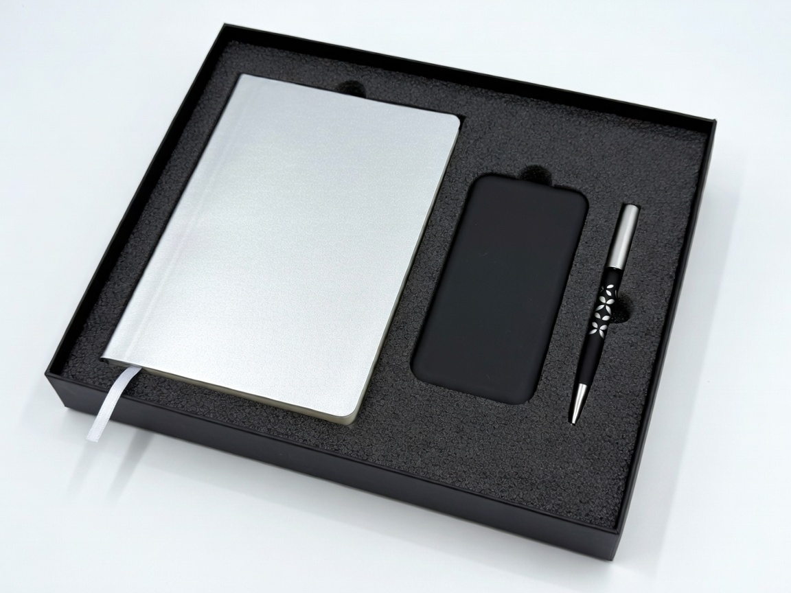 Набор подарочный SILVER: бизнес-блокнот, ручка и power bank в коробке с ложементом